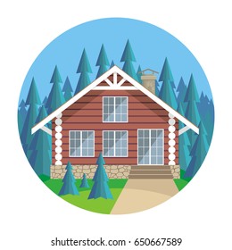 The image of a log house in an environment of fir trees. Beautiful summer landscape. Vector background.