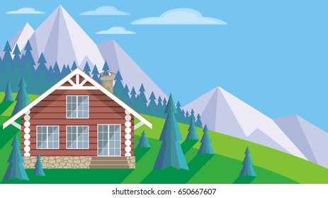 The image of a log house in an environment of fir trees. Beautiful summer landscape. Vector background.