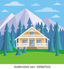 The image of a log house in an environment of fir trees. Beautiful summer landscape. Vector background.