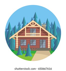 The image of a log house in an environment of fir trees. Beautiful summer landscape. Vector background.