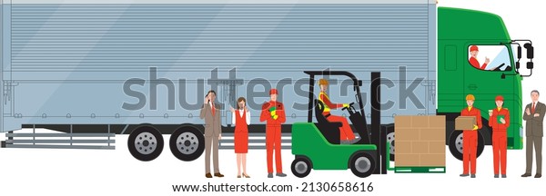Image of a logistics company\
for heavy trucks, drivers, mechanics, inspectors, and\
forklifts