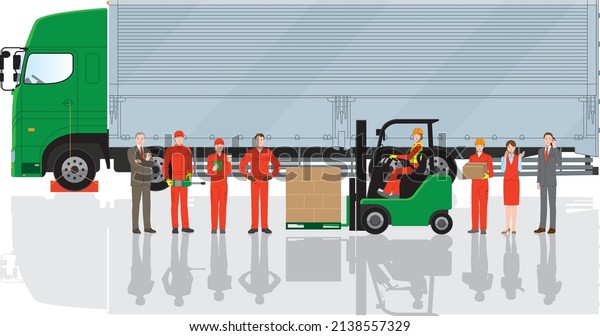 Image of a logistics company\
for heavy trucks, drivers, mechanics, inspectors, and\
forklifts