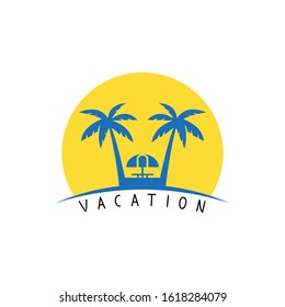 Image of a logo about a shady spot on the beach, with a umbrella between two coconut trees.