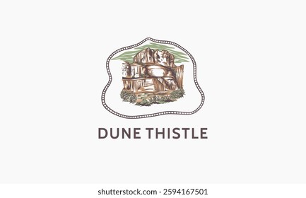 The image is a logo featuring a landscape with rock formations and a dune thistle plant.