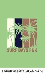 The image is a logo featuring the text "SURF DAYS FNK" with a graphic design of a palm tree. The logo has a tropical theme with green colors and a palm tree illustration.