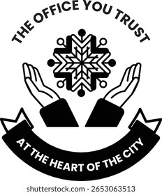The image is a logo for the Office You Trust. It features two hands holding a snowflake, which is surrounded by a ribbon. The logo conveys a sense of warmth and protection