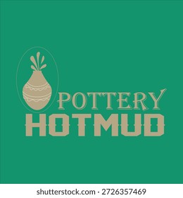 The image is a logo for a pottery brand called “Hotmud.” It features a stylized clay vase on the left, decorated with wavy and zigzag patterns and sprouting simple leaf-like shapes from the top. To th