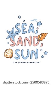 The image is a logo for The Summer Ocean Club, featuring the text "SEA SAND SUN" in a creative design. It could be a drawing, clipart, cartoon, or illustration.