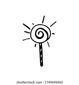 Image of a Lollipop in the form of a spiral on a stick with a stripe. Black and white image of a Lollipop with decor on a white background
