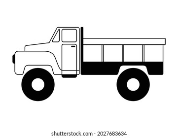 An image of a lorry in an outline style. Black and white illustration of a truck