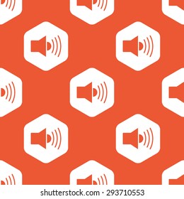 Image of loudspeaker in white hexagon, repeated on orange background