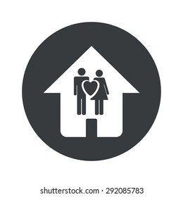 Image of love couple in house in black circle, isolated on white