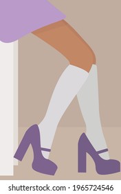 Imagen de una encantadora chica sentada en la mesa. Ilustración vectorial plana de las piernas femeninas en medias y zapatos. Diseño para tarjetas, carteles, fondos, textiles, plantillas, avatares, menús.