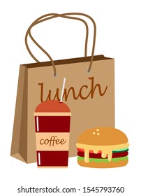 Image of a lunch taken out of a bag and consisting of a hamburger and coffee.