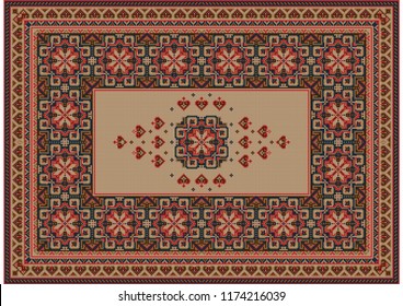 Image of a luxurious old oriental carpet with brown, beige and red patterns and ornament in the center on a beige background
