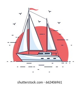 Image of luxury sailing yacht floating on the waves of the sea in background setting sun. Side view. Flat style.
