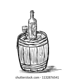 image made by hand. A bottle of wine and a glass of wine on a wooden barrel. drawing is isolated on a white background, drawn in pencil, in black and white style. vector.