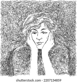 Image made from doodles, showing a thoughtful woman. For advertising, editorial content and others.