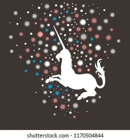 Image of a magical white unicorn on a black background in the glow of stars