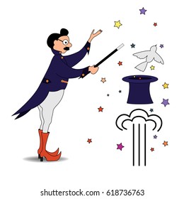 The image of a magician with a magic wand. Vector illustration.
