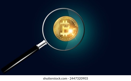 Image of a magnifying glass and bitcoins looking at the idea of mining bitcoins, buying more, or collecting and searching for them.