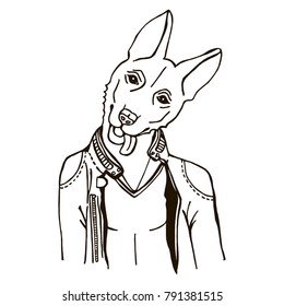 image of a male dog, stylish shepherd in a leather jacket, vector, black and white graphics