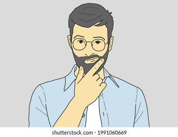 Image male with thick beard, holds chin, purses lips with clueless expressions, doubts what to choose. hand drawn style vector design illustrations.