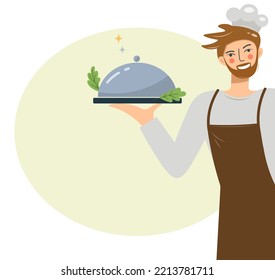 Image of a male waiter holding a dish under the lid. The cartoon character serves food on a tray. Cafe or restaurant staff, service staff, flat vector illustration with space for text.