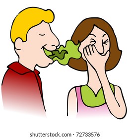 An image of a man with bad breath talking to a woman.