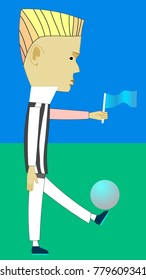 An image of a man and a ball. The character raises his foot while holding a sporting object. The guy has a flag in his hand.