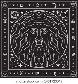 Image of a man with a beard and mustache, oracle of the Delphi, diviner and clairvoyant. A round white picture on a black background with symbols of the zodiac sign and the elements in a circle.