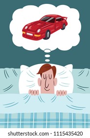 Image of a man in bed dreaming of a red sports car