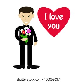 Image with man and big red heart, picture with gentleman, bouquet of flowers in  his hand and red heart with message