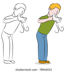 An image of a man blowing his nose with a tissue.