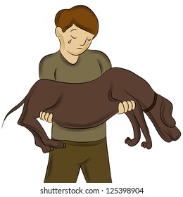 An image of a man carrying injured dog.