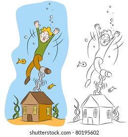 An image of a man chained to his house underwater.
