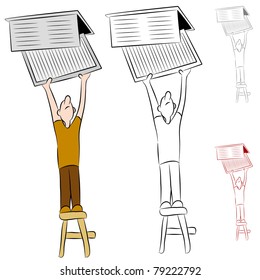 An image of a man changing his home heating and cooling conditioner system air filter.