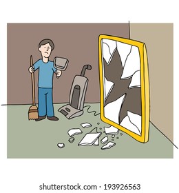 An Image Of Man Cleaning Up Mess From A Broken Mirror.