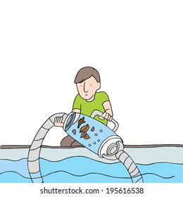 An Image Of A Man Cleaning A Pool Filter Vacuum.