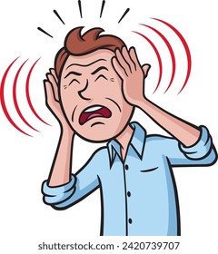 Image of a man covering his ears and wincing due to ringing in his hears because of tinnitus. Graphic sound waves are emanating from around the ears.