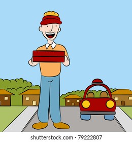 An image of a man delivering pizza.