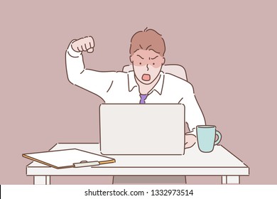 Image of man at the desk creaming and shouting at laptop. Hand drawn style vector design illustrations.