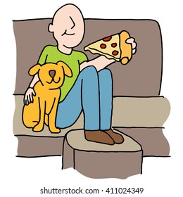 An image of a Man eating pizza slice with dog on sofa.