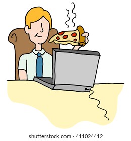 An image of a Man eating pizza slice while working.