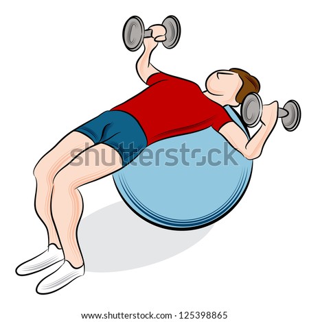 An image of a man exercising using a fitness ball and dumbbells.