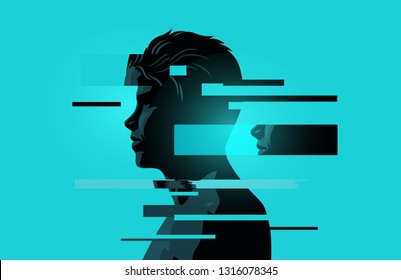 Image Of A Man With Glitch Fragments.Mental Health Issues. Anxiety, Mindfulness And Awareness Concept. Vector Illustration.