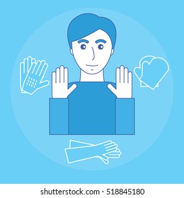 Image of a man and a glove to protect your hands. Personal protective equipment for the hands. Vector illustration.