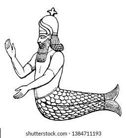 An image of a man with a half body like a man and half body like fish known as Mermaid, vintage line drawing or engraving illustration.