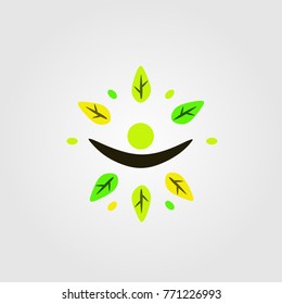 Image of man with hands up surrounded by leafs. Ecology concept