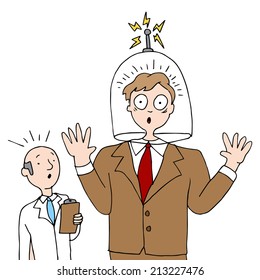 An image of a man having his head shrunk by a headshrink.